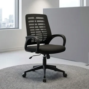 A premium black Secretarial Mesh-Back Office Seat featuring an ergonomic skeletal rib mesh backrest, integrated wrap-around armrests, and a heavy-duty five-star wheeled base.