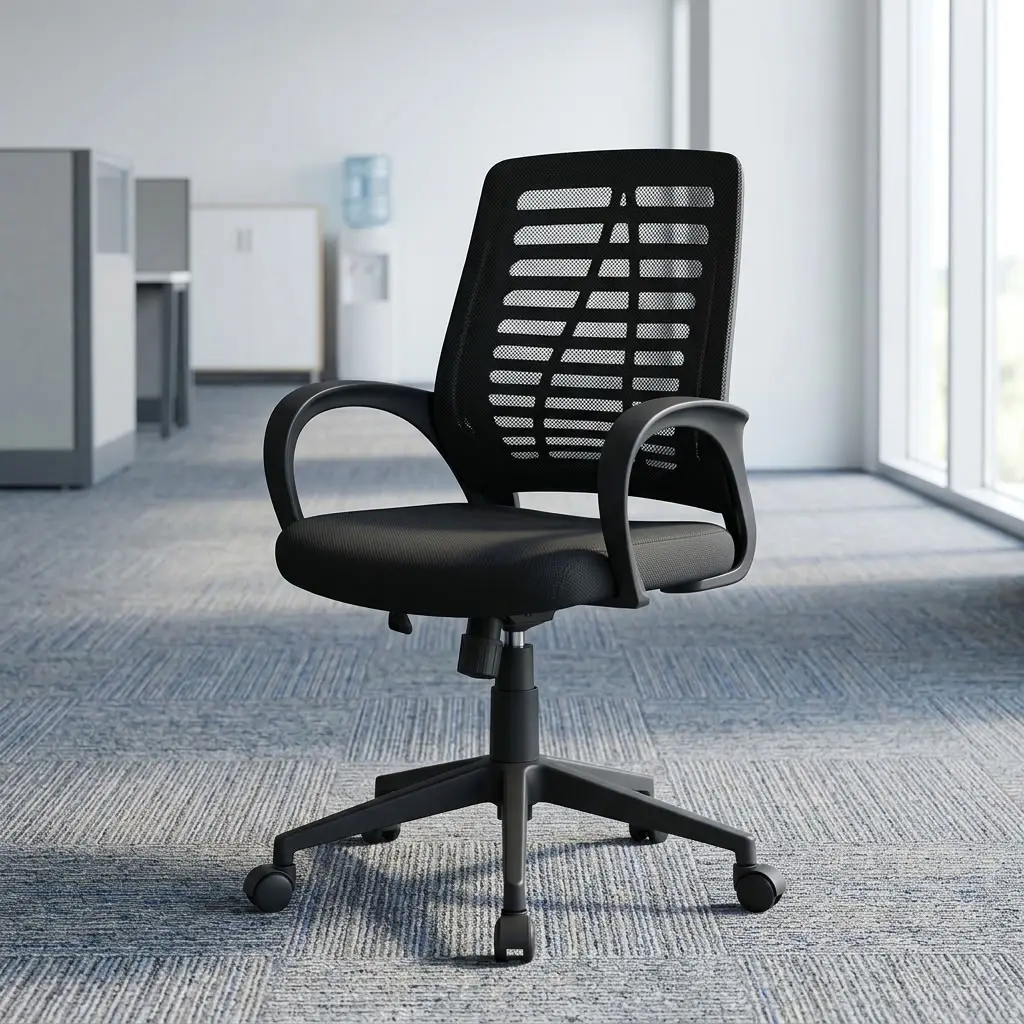 A premium black Secretarial Mesh-Back Office Seat featuring an ergonomic skeletal rib mesh backrest, integrated wrap-around armrests, and a heavy-duty five-star wheeled base.