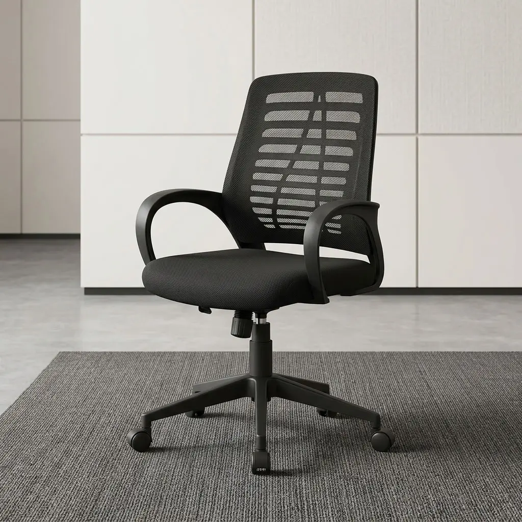 A premium black Secretarial Mesh-Back Office Seat featuring an ergonomic skeletal rib mesh backrest, integrated wrap-around armrests, and a heavy-duty five-star wheeled base.