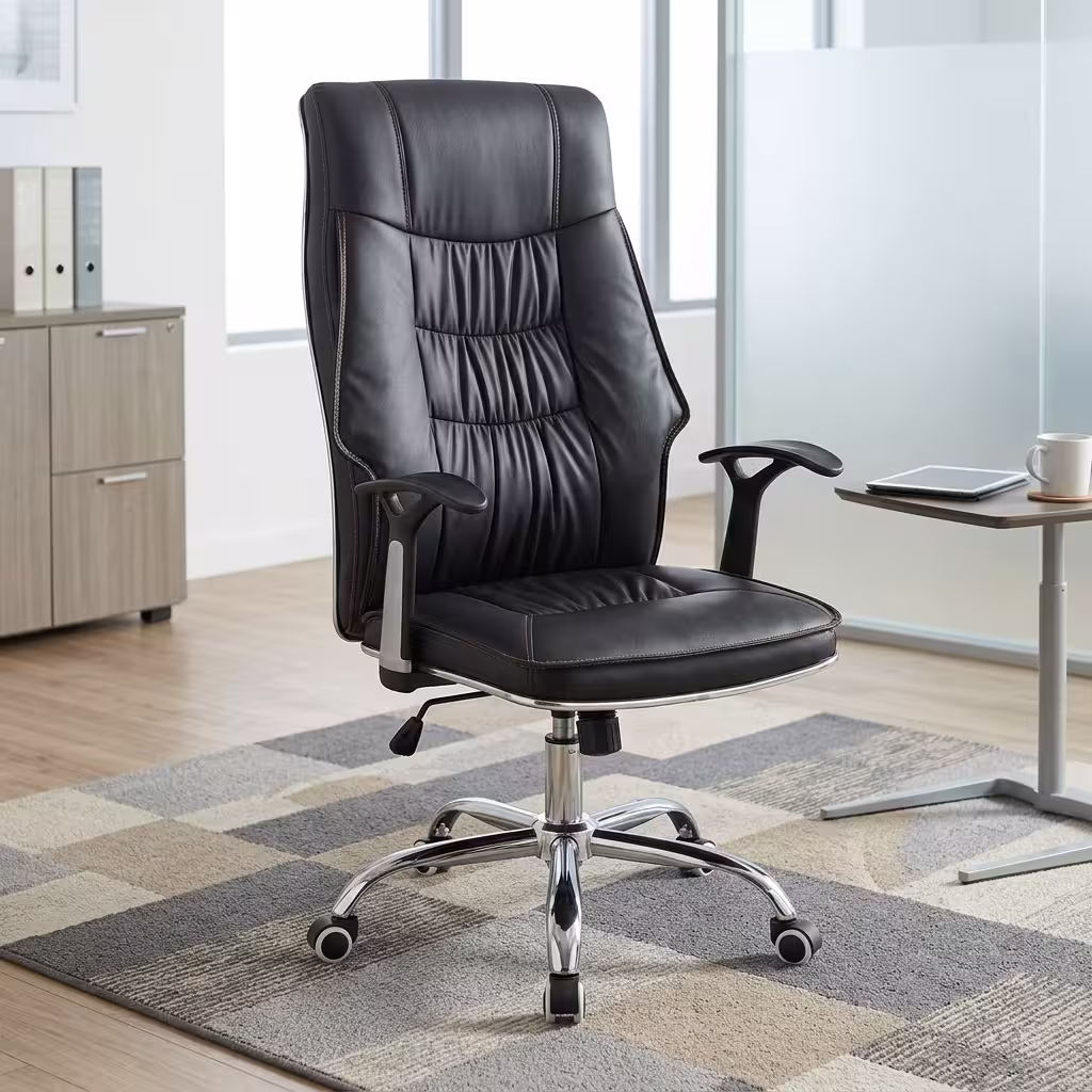 A premium black Reclining Back Leather Chair featuring a high-back ruched design, leather-padded armrests, a recline tension lever, and a mirror-polished chrome wheeled star base