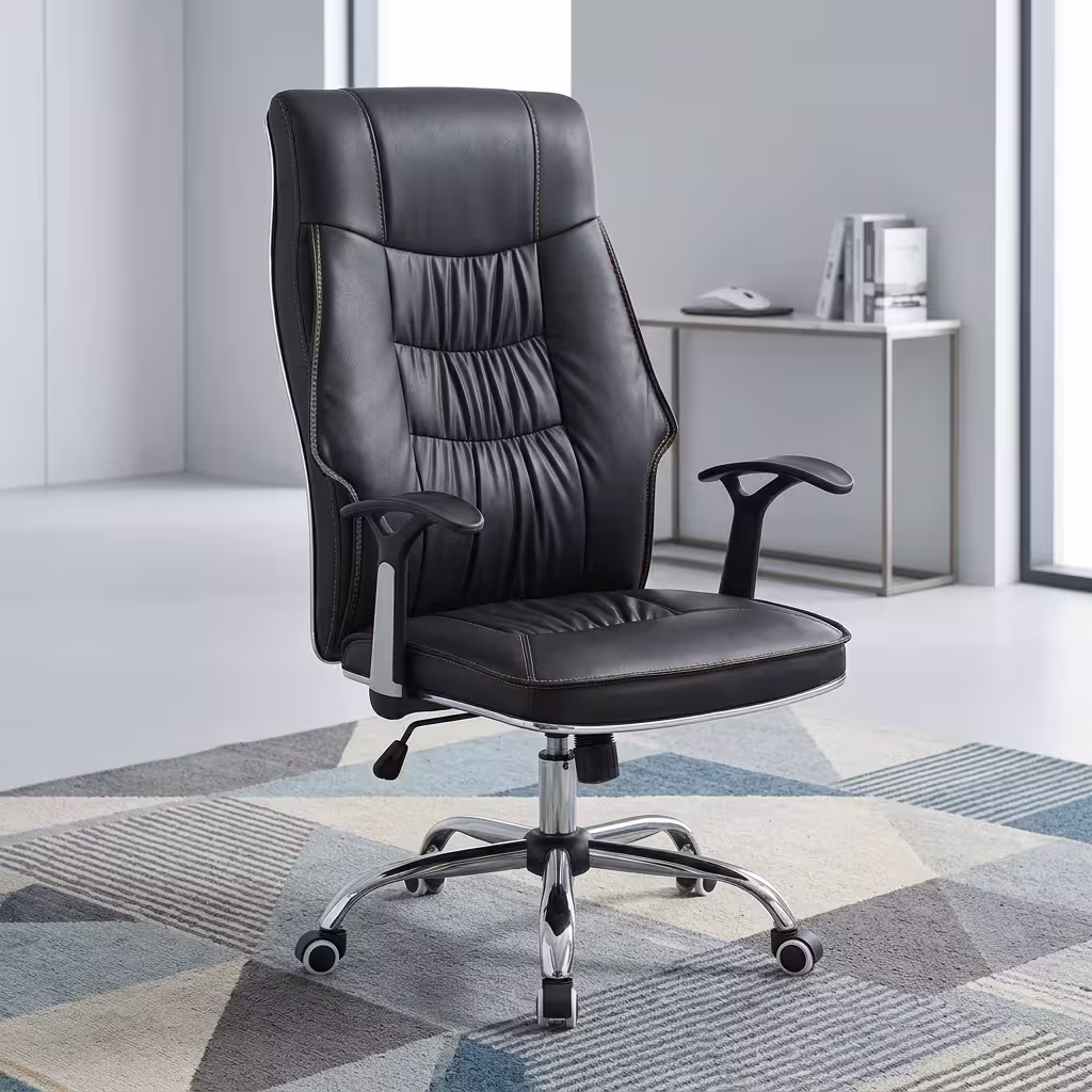 A premium black Reclining Back Leather Chair featuring a high-back ruched design, leather-padded armrests, a recline tension lever, and a mirror-polished chrome wheeled star base