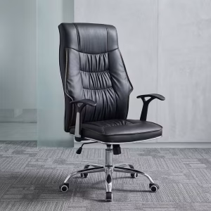A premium black Reclining Back Leather Chair featuring a high-back ruched design, leather-padded armrests, a recline tension lever, and a mirror-polished chrome wheeled star base