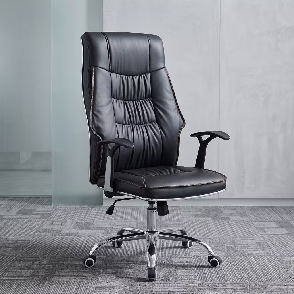 A premium black Reclining Back Leather Chair featuring a high-back ruched design, leather-padded armrests, a recline tension lever, and a mirror-polished chrome wheeled star base