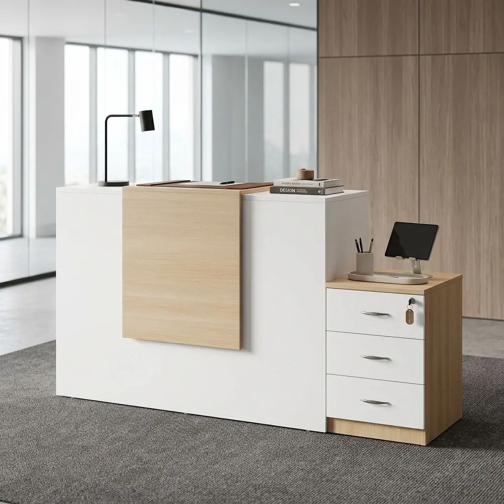 A modern white 1.6M Modern Reception Desk featuring a textured light oak vertical center panel and a matching side three-drawer pedestal with a key lock on a gray carpeted office floor.