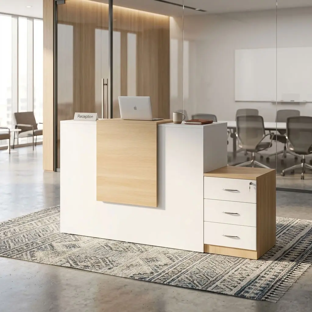 A modern white 1.6M Modern Reception Desk featuring a textured light oak vertical center panel and a matching side three-drawer pedestal with a key lock on a gray carpeted office floor.