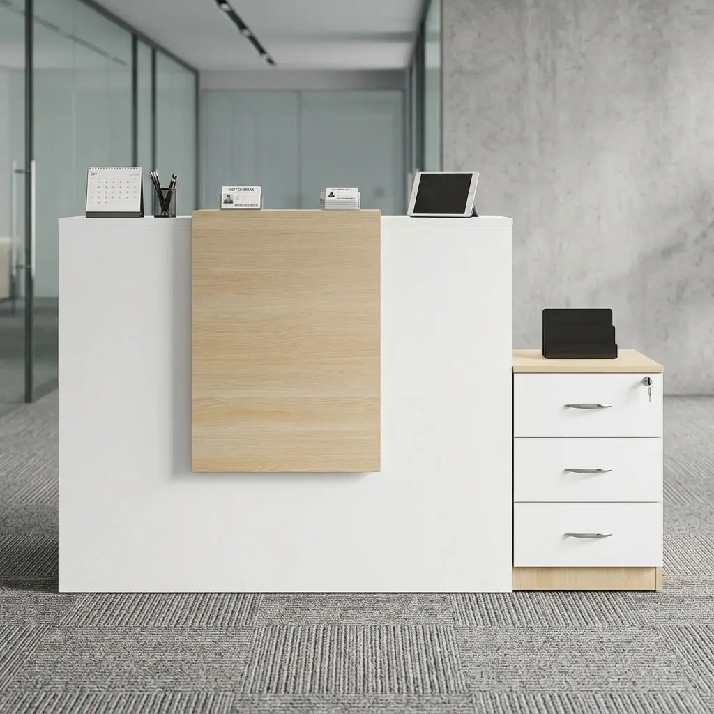 A modern white 1.6M Modern Reception Desk featuring a textured light oak vertical center panel and a matching side three-drawer pedestal with a key lock on a gray carpeted office floor.