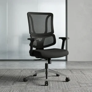 A premium black Orthopedic Office Swivel Chair featuring a high-back mesh design, T-shaped armrests, a rear lumbar adjustment knob, and a polished chrome wheeled star base