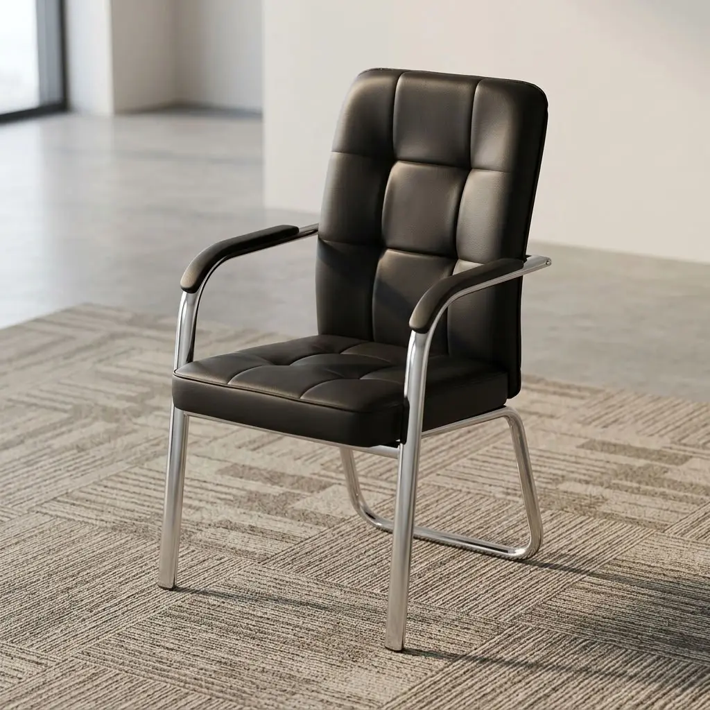 premium black Padded Leather Visitor Chair featuring a high-back tufted square pattern, leather-padded armrests, and a mirror-polished chrome leg