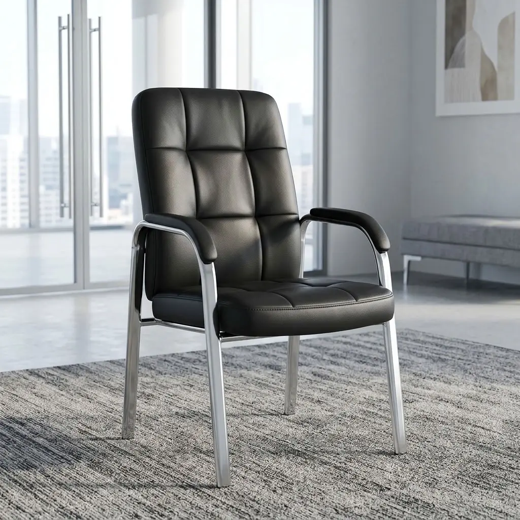 premium black Padded Leather Visitor Chair featuring a high-back tufted square pattern, leather-padded armrests, and a mirror-polished chrome leg