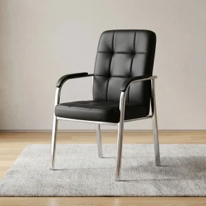 premium black Padded Leather Visitor Chair featuring a high-back tufted square pattern, leather-padded armrests, and a mirror-polished chrome leg