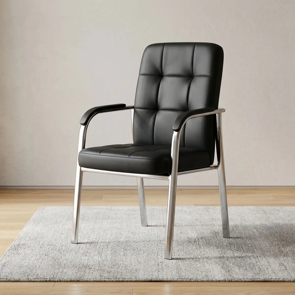 premium black Padded Leather Visitor Chair featuring a high-back tufted square pattern, leather-padded armrests, and a mirror-polished chrome leg