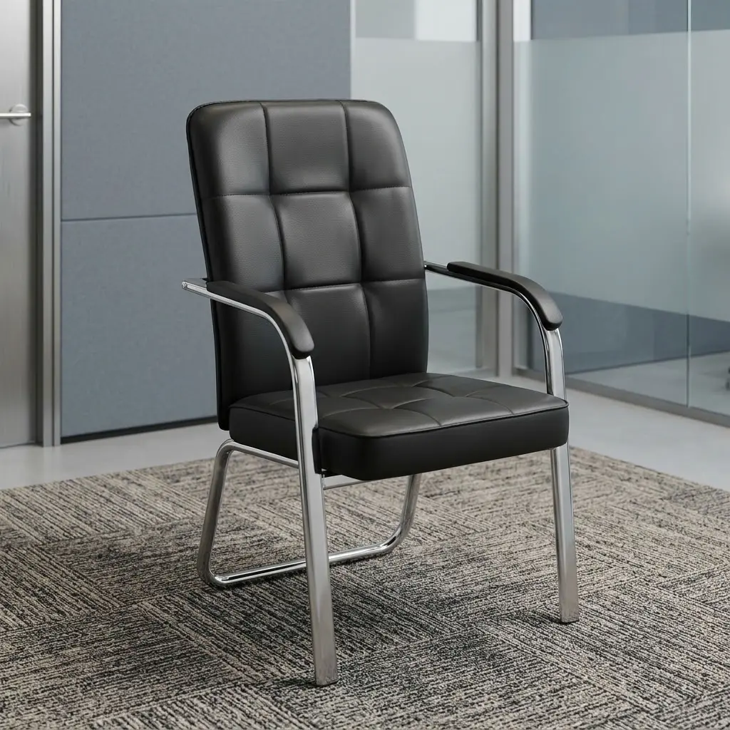 premium black Padded Leather Visitor Chair featuring a high-back tufted square pattern, leather-padded armrests, and a mirror-polished chrome leg