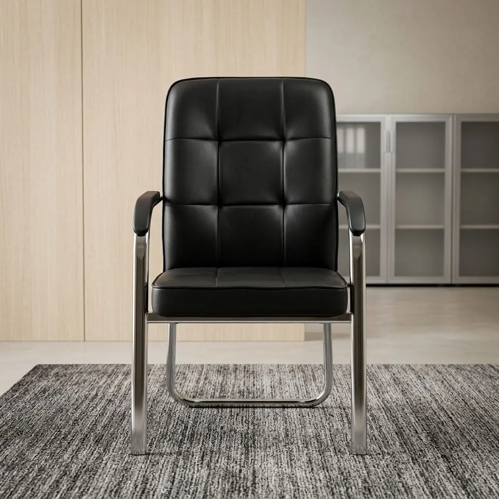 premium black Padded Leather Visitor Chair featuring a high-back tufted square pattern, leather-padded armrests, and a mirror-polished chrome leg