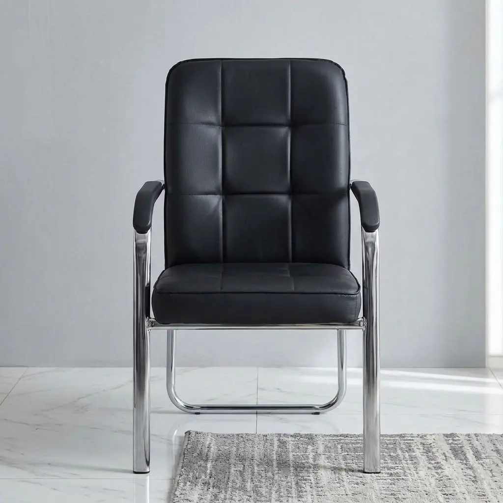 premium black Padded Leather Visitor Chair featuring a high-back tufted square pattern, leather-padded armrests, and a mirror-polished chrome leg