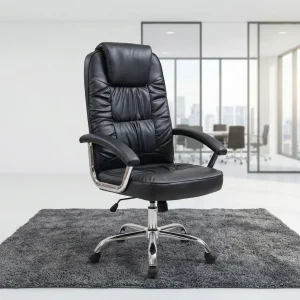 A premium black Cushioned High Back Chair featuring a deeply padded segmented design, cushioned armrests, a height-adjustment lever, and a mirror-polished chrome wheeled star base.