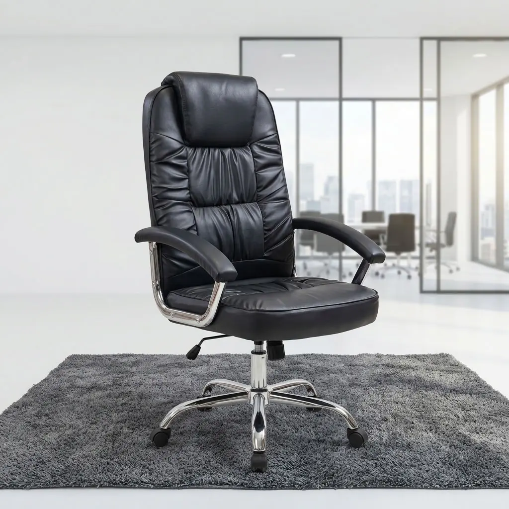 A premium black Cushioned High Back Chair featuring a deeply padded segmented design, cushioned armrests, a height-adjustment lever, and a mirror-polished chrome wheeled star base.