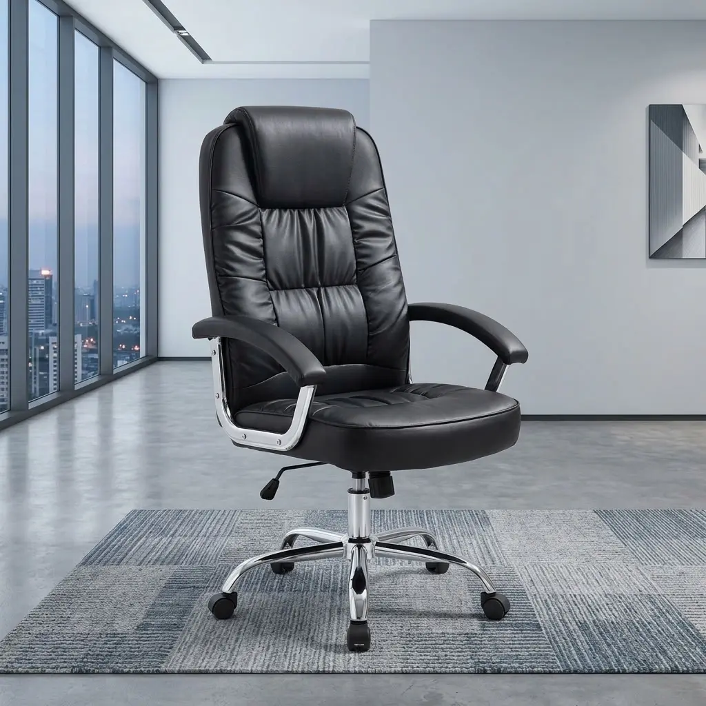 A premium black Cushioned High Back Chair featuring a deeply padded segmented design, cushioned armrests, a height-adjustment lever, and a mirror-polished chrome wheeled star base.