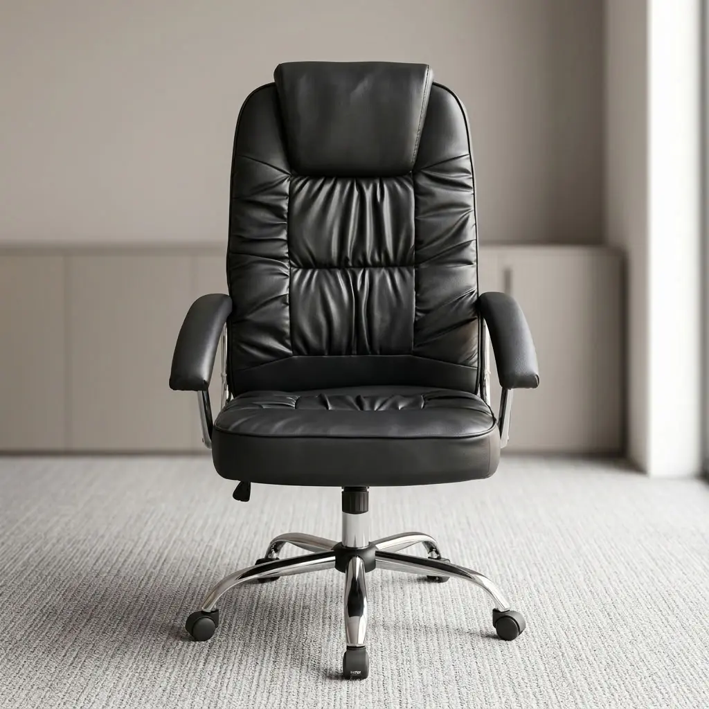 A premium black Cushioned High Back Chair featuring a deeply padded segmented design, cushioned armrests, a height-adjustment lever, and a mirror-polished chrome wheeled star base.