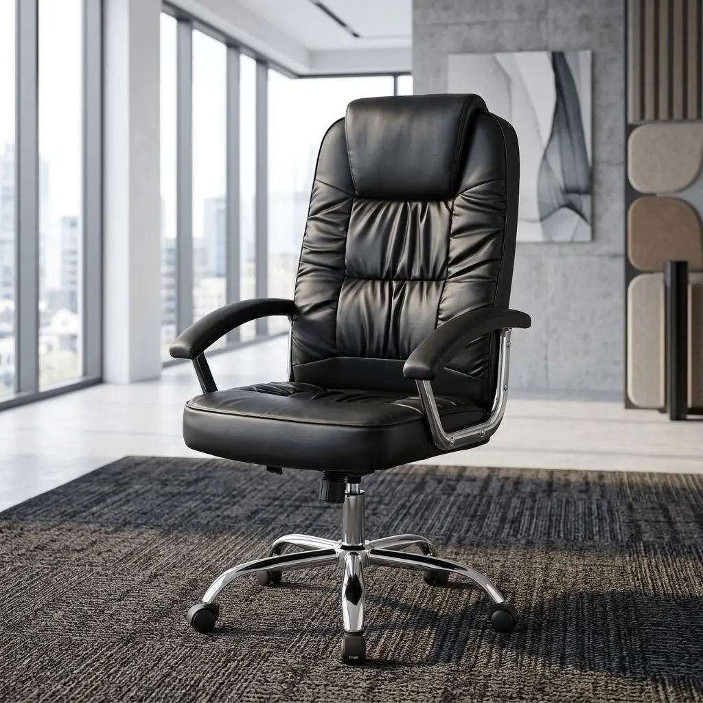 A premium black Cushioned High Back Chair featuring a deeply padded segmented design, cushioned armrests, a height-adjustment lever, and a mirror-polished chrome wheeled star base.