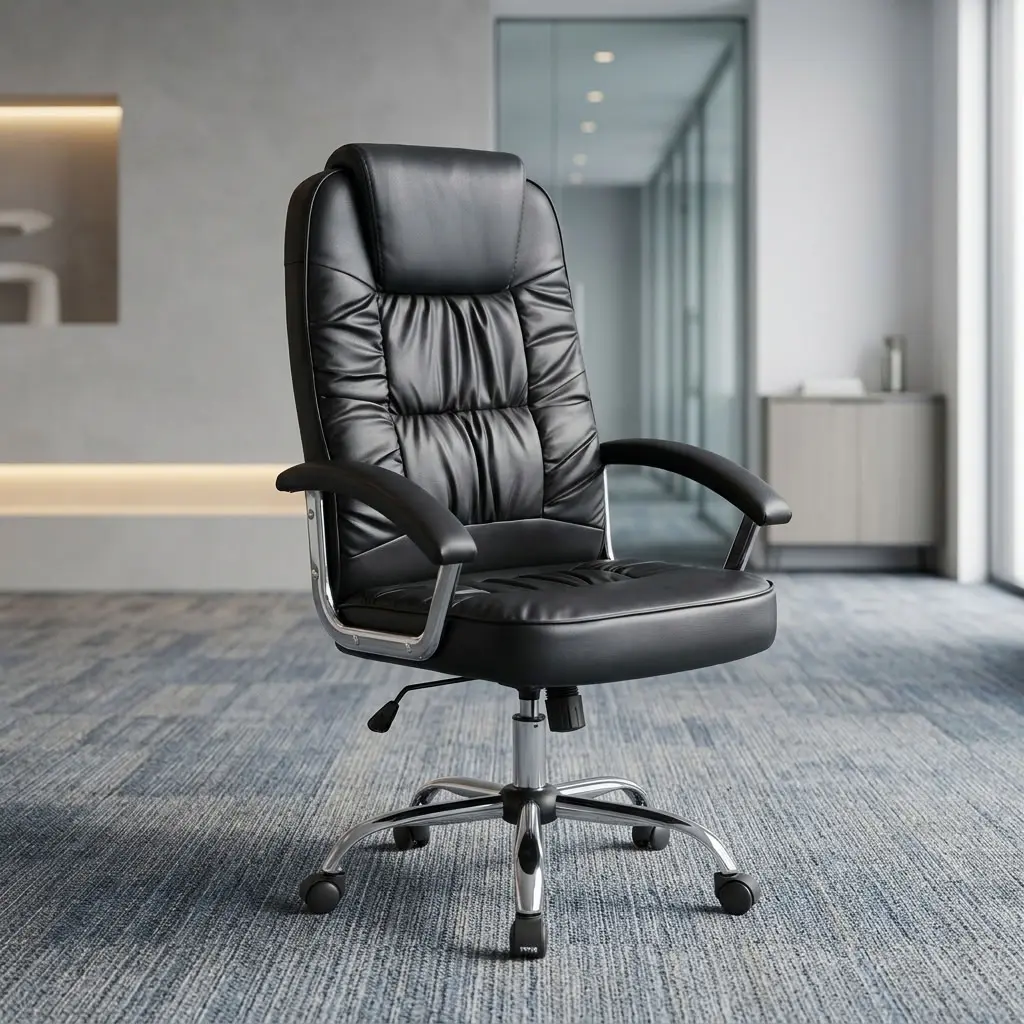 A premium black Cushioned High Back Chair featuring a deeply padded segmented design, cushioned armrests, a height-adjustment lever, and a mirror-polished chrome wheeled star base.