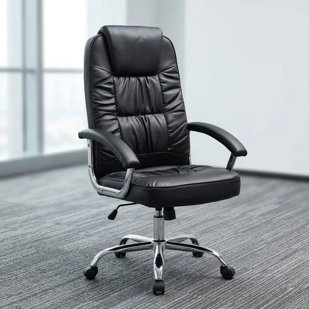 A premium black Cushioned High Back Chair featuring a deeply padded segmented design, cushioned armrests, a height-adjustment lever, and a mirror-polished chrome wheeled star base.
