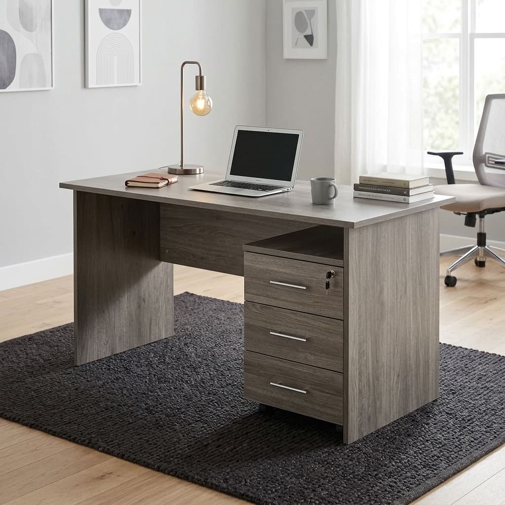 Modern grey oak 1200mm Office Desk with Pedestal containing a laptop and a secure lockable three drawer storage cabinet.
