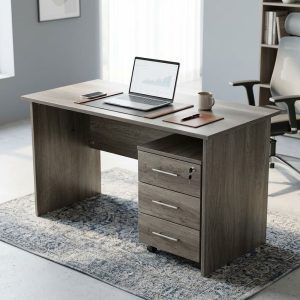 Modern grey oak 1200mm Office Desk with Pedestal containing a laptop and a secure lockable three drawer storage cabinet.