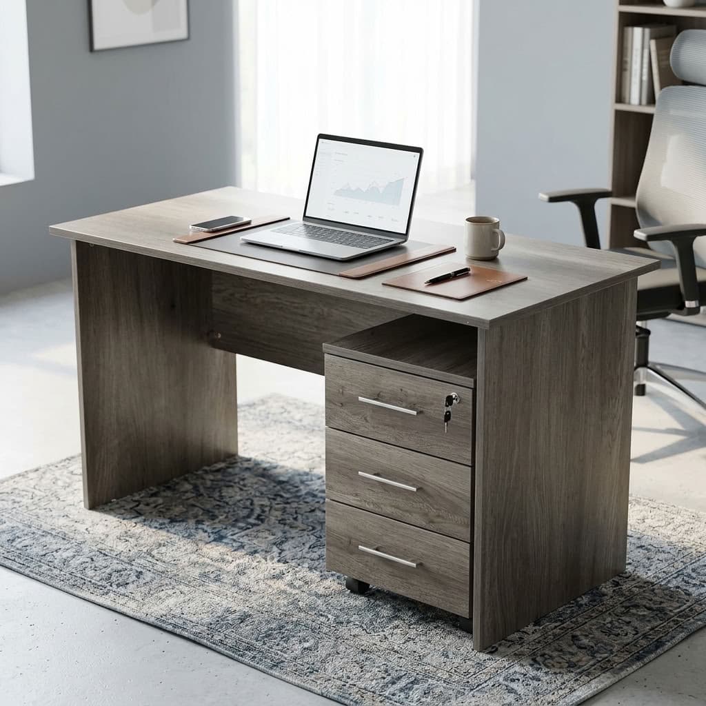 Modern grey oak 1200mm Office Desk with Pedestal containing a laptop and a secure lockable three drawer storage cabinet.