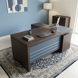 L-shaped dark walnut 1.8m Blue Accent Office Desk with a slate blue front facade and an integrated side storage credenza.