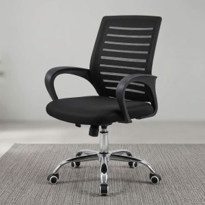 Ergonomic mid-back Strong Mesh Swivel Office Seat with horizontal ribbed black backrest and chrome base.