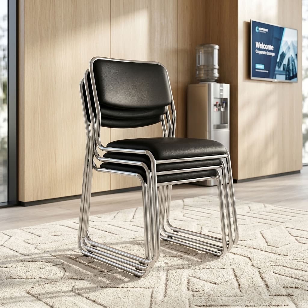 Black leather Stackable Chrome Guest Chairs stacked neatly together on an office rug.