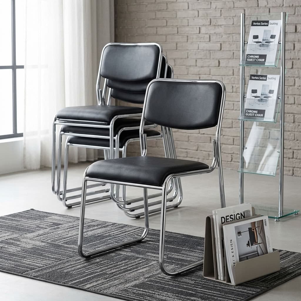 Black leather Stackable Chrome Guest Chairs stacked neatly together on an office rug.