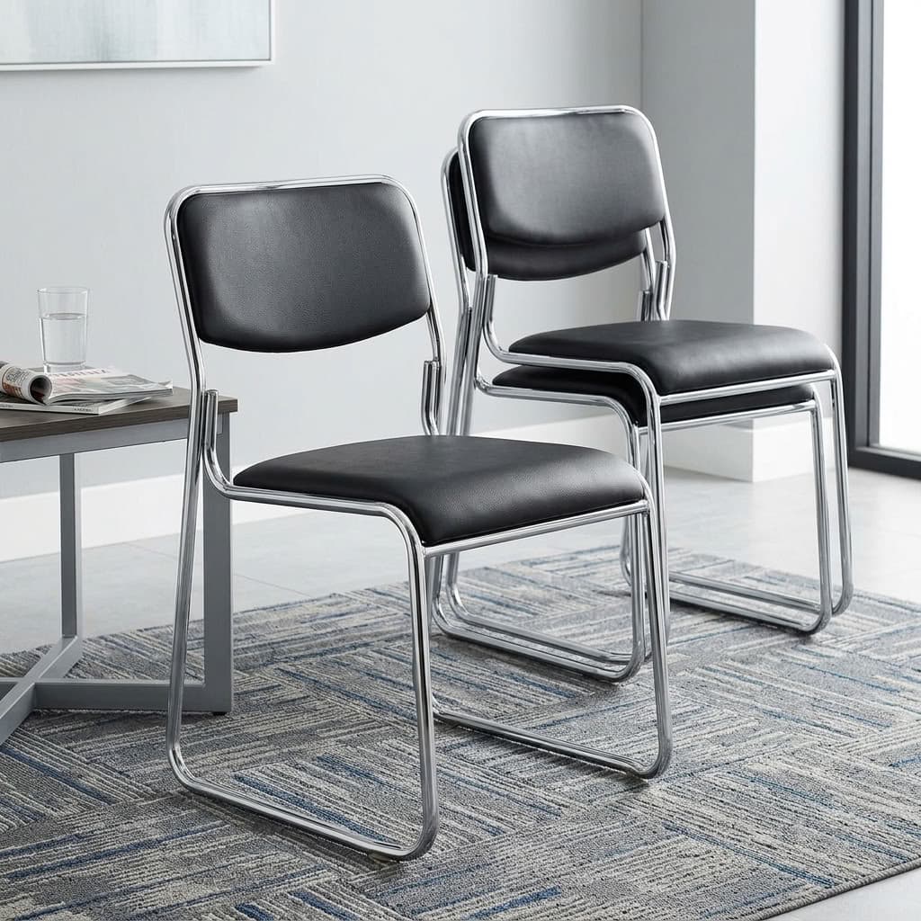 Black leather Stackable Chrome Guest Chairs stacked neatly together on an office rug.