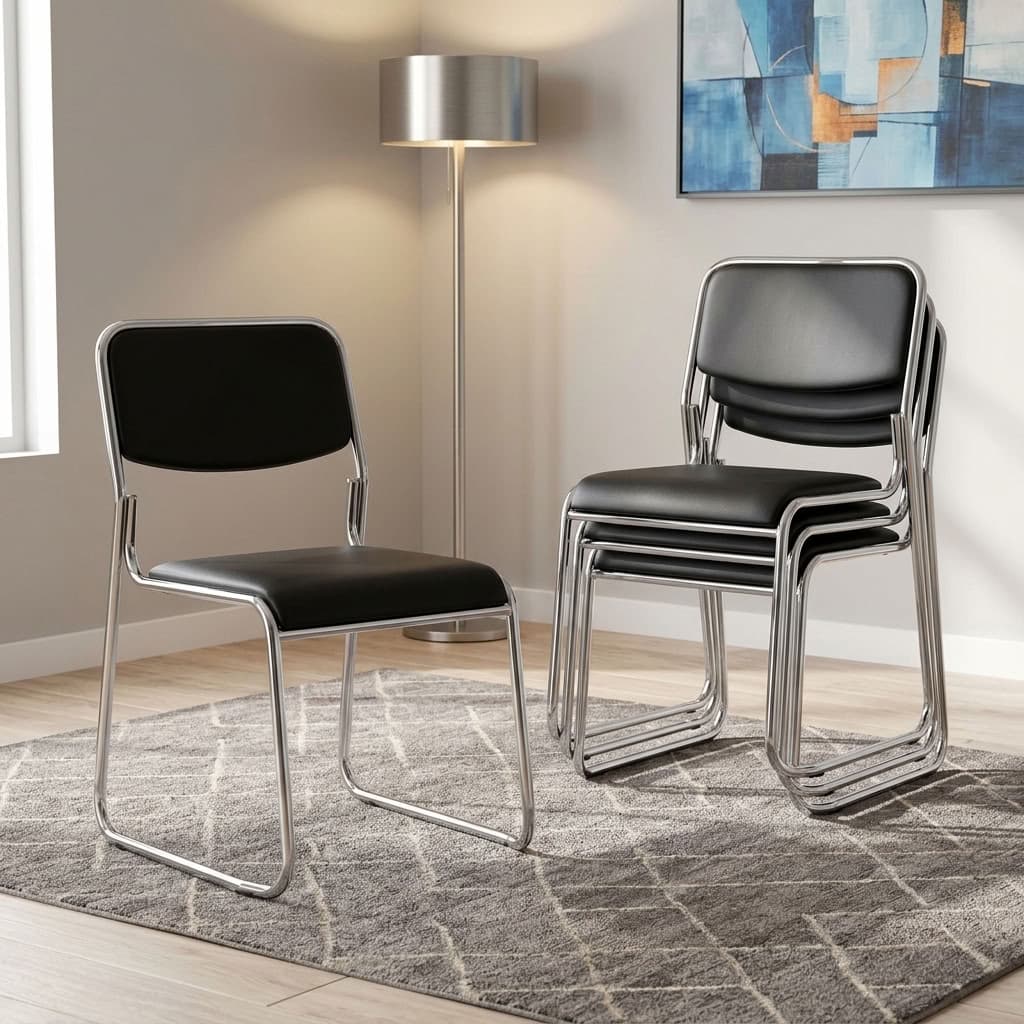 Black leather Stackable Chrome Guest Chairs stacked neatly together on an office rug.