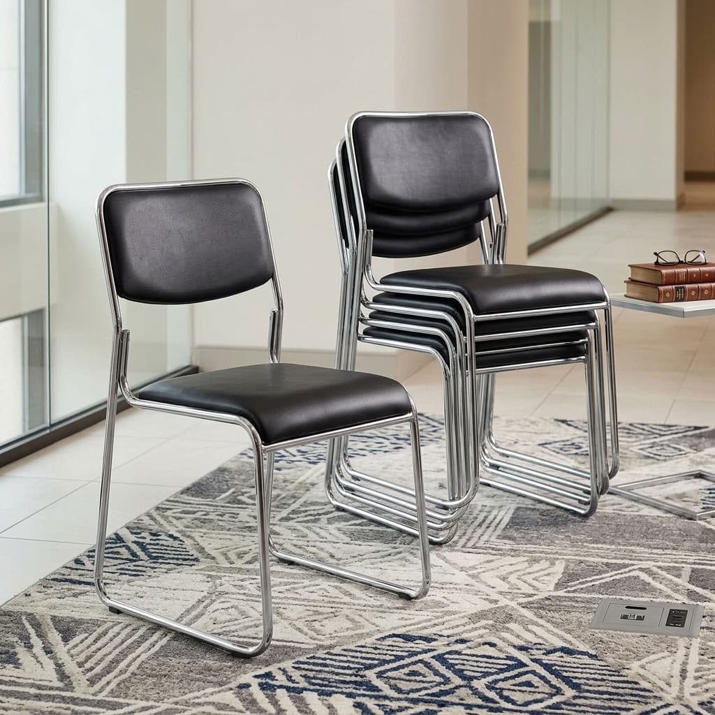 Black leather Stackable Chrome Guest Chairs stacked neatly together on an office rug.