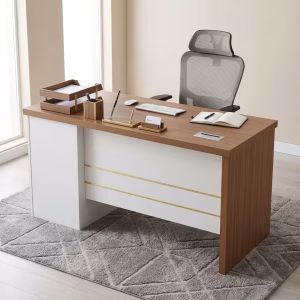 Teak wood-grain 1.4m Modern Wooden Office Desk with a gold-accented white front panel and built-in storage pedestal.