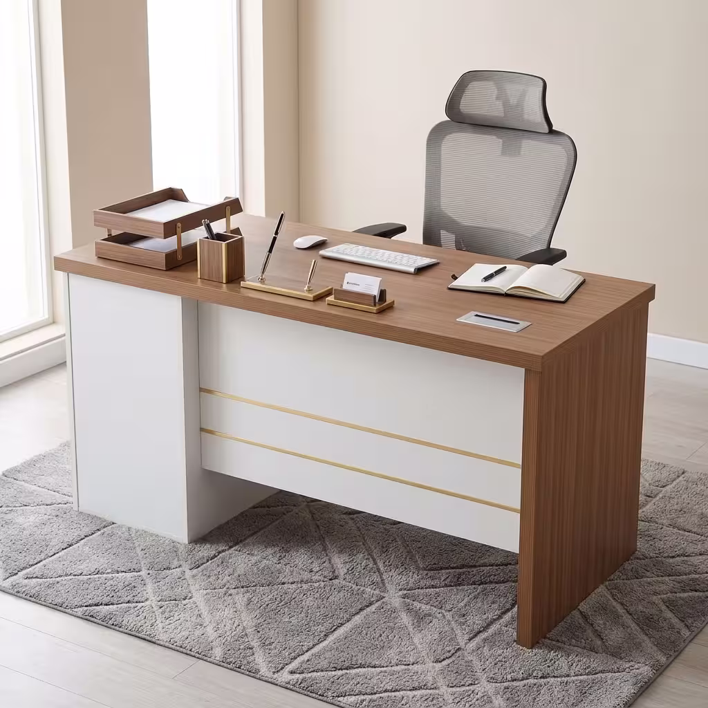 Teak wood-grain 1.4m Modern Wooden Office Desk with a gold-accented white front panel and built-in storage pedestal.