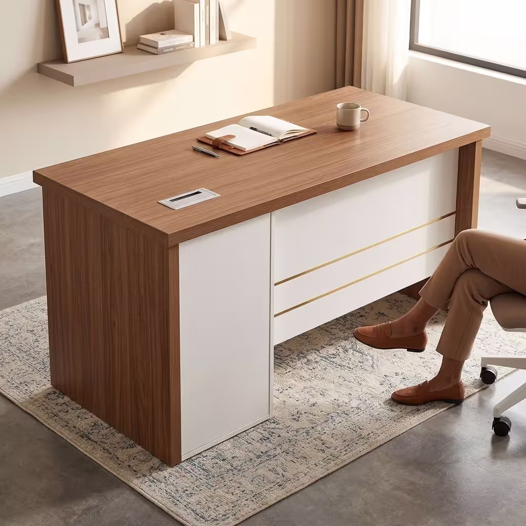 Teak wood-grain 1.4m Modern Wooden Office Desk with a gold-accented white front panel and built-in storage pedestal.
