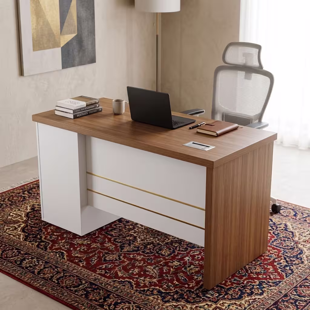 Teak wood-grain 1.4m Modern Wooden Office Desk with a gold-accented white front panel and built-in storage pedestal.