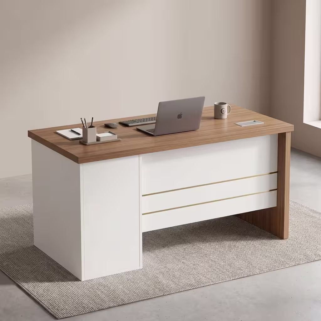 Teak wood-grain 1.4m Modern Wooden Office Desk with a gold-accented white front panel and built-in storage pedestal.