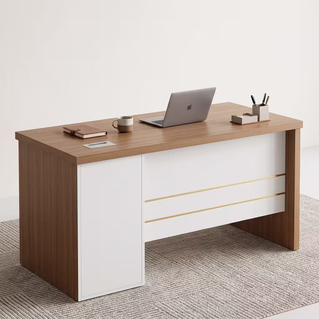 Teak wood-grain 1.4m Modern Wooden Office Desk with a gold-accented white front panel and built-in storage pedestal.