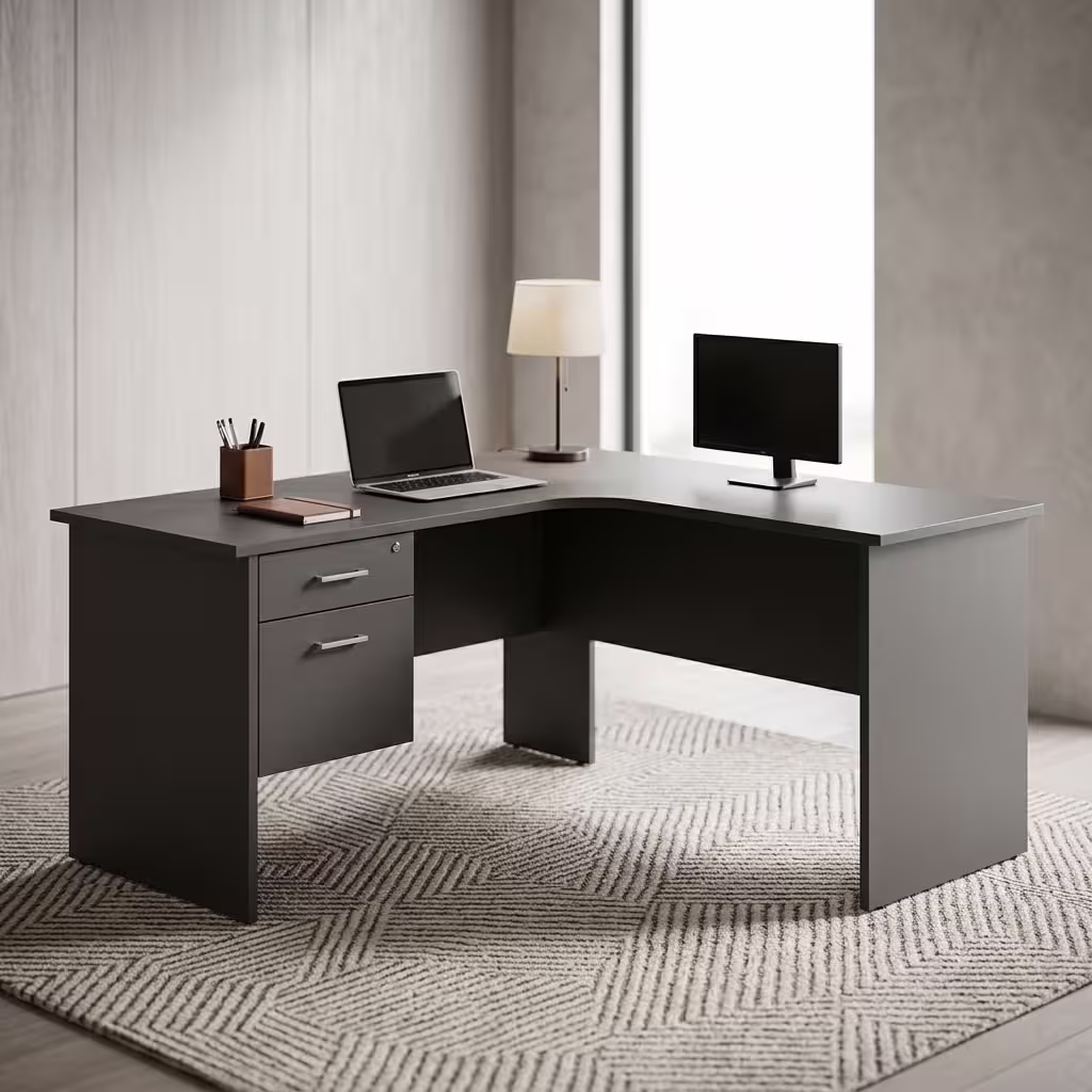 Dark grey 1200mm L-Shaped Office Desk with a built-in lockable three-drawer pedestal and a laptop on top.