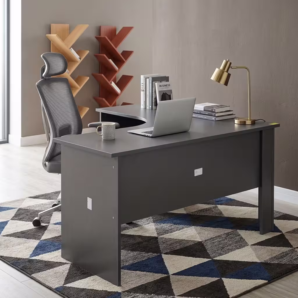Dark grey 1200mm L-Shaped Office Desk with a built-in lockable three-drawer pedestal and a laptop on top.
