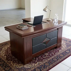 A premium 1.4m Executive Office Desk featuring a high-gloss mahogany woodgrain top, a built-in black leather desk pad, a diamond-pattern front modesty panel, and an attached side return credenza with a mobile lockable drawer unit.