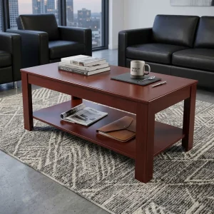 Executive Office Coffee Table with spacious wooden tabletop and lower storage shelf