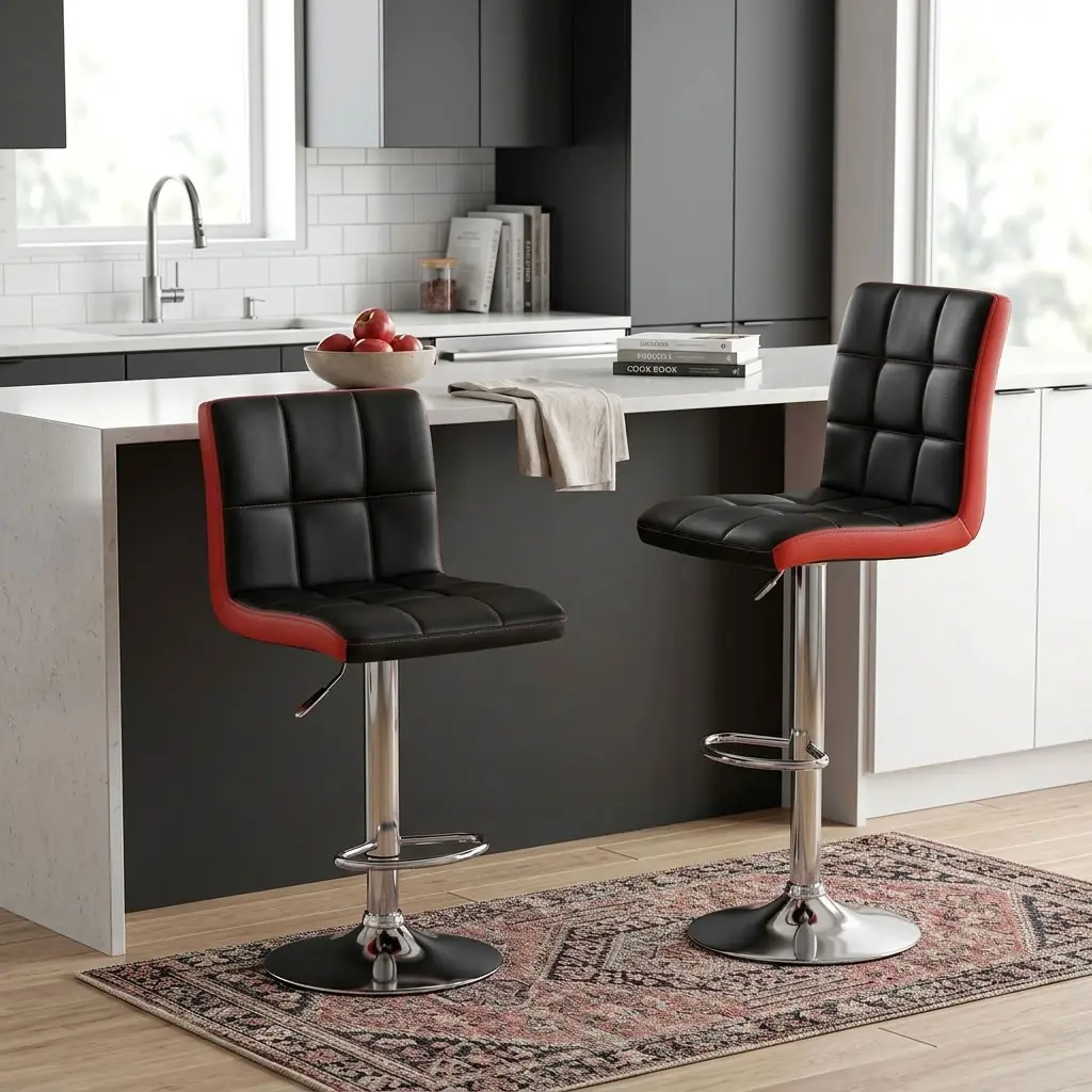 Adjustable Leather Bar Stool with padded backrest, adjustable height, footrest, and chrome base
