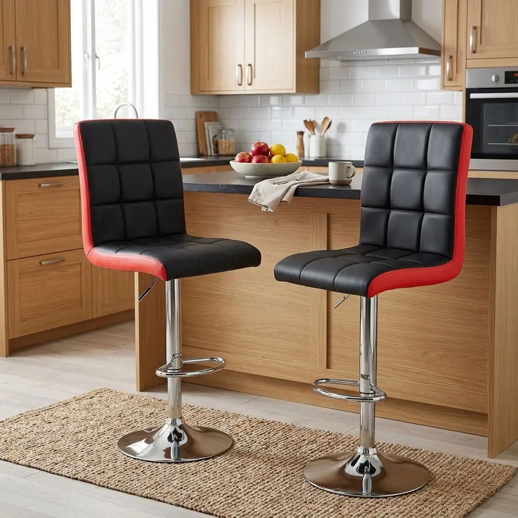 Adjustable Leather Bar Stool with padded backrest, adjustable height, footrest, and chrome base