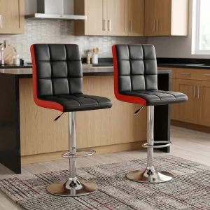 Adjustable Leather Bar Stool with padded backrest, adjustable height, footrest, and chrome base