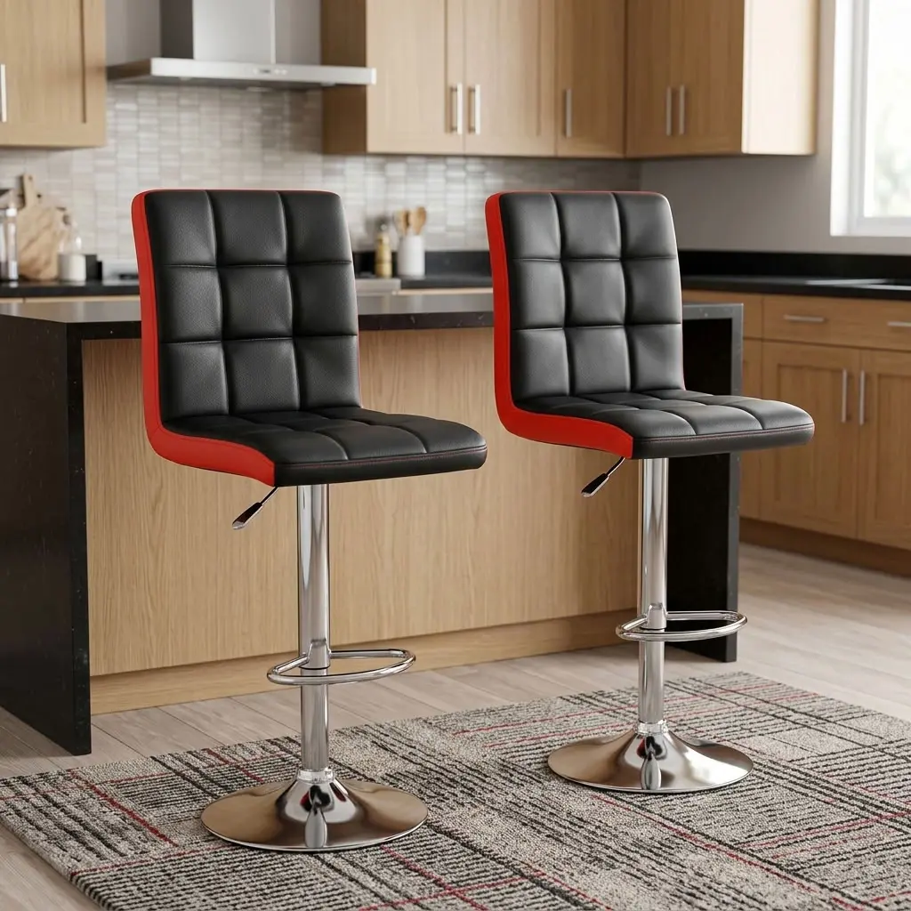 Adjustable Leather Bar Stool with padded backrest, adjustable height, footrest, and chrome base