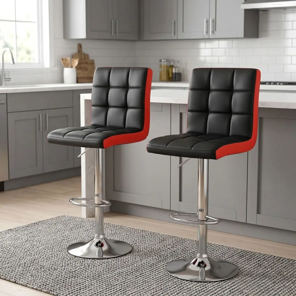 Adjustable Leather Bar Stool with padded backrest, adjustable height, footrest, and chrome base